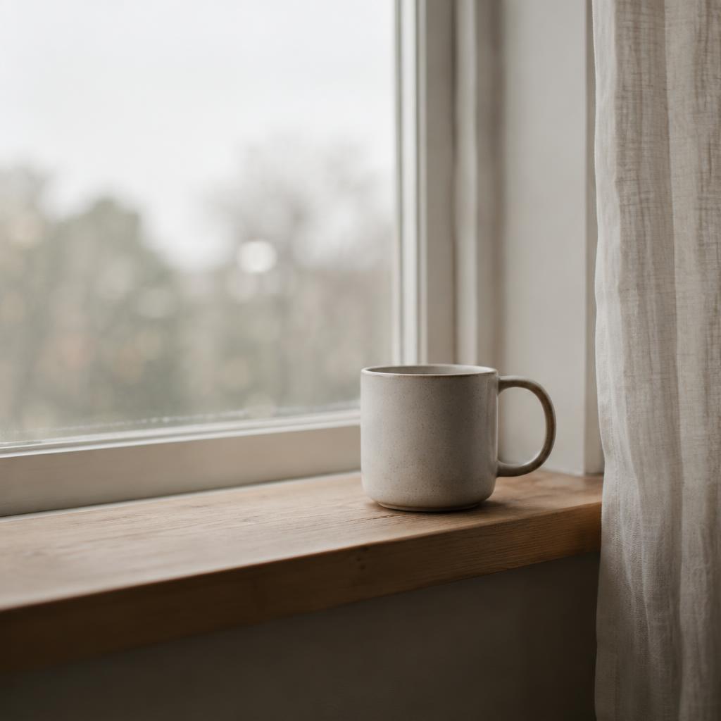 Minimal ceramic mug on a windowsill in soft morning light