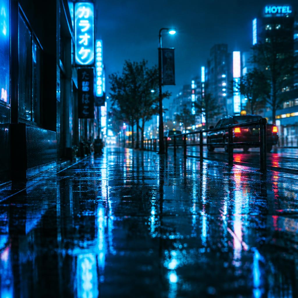 Neon reflections on wet pavement at night