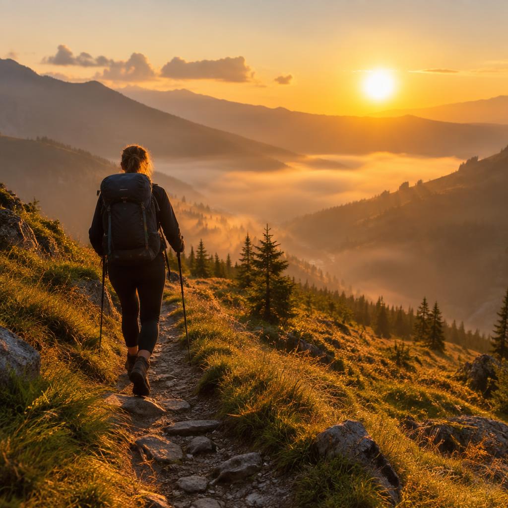 Mountain trail at golden hour, hiker from behind